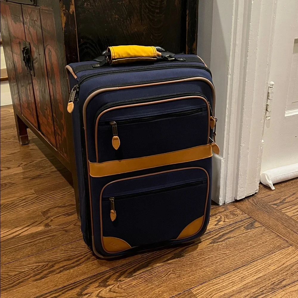 Vintage L.L. Bean Roller Bag Carry-on Navy Leather Trim 20x13x8.5”